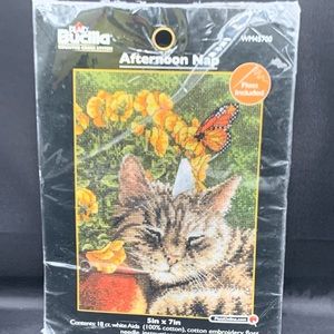 BUCILLA counted cross stitch kit WM45700 Afternoon Nap / Cat & Butterfly Flowers